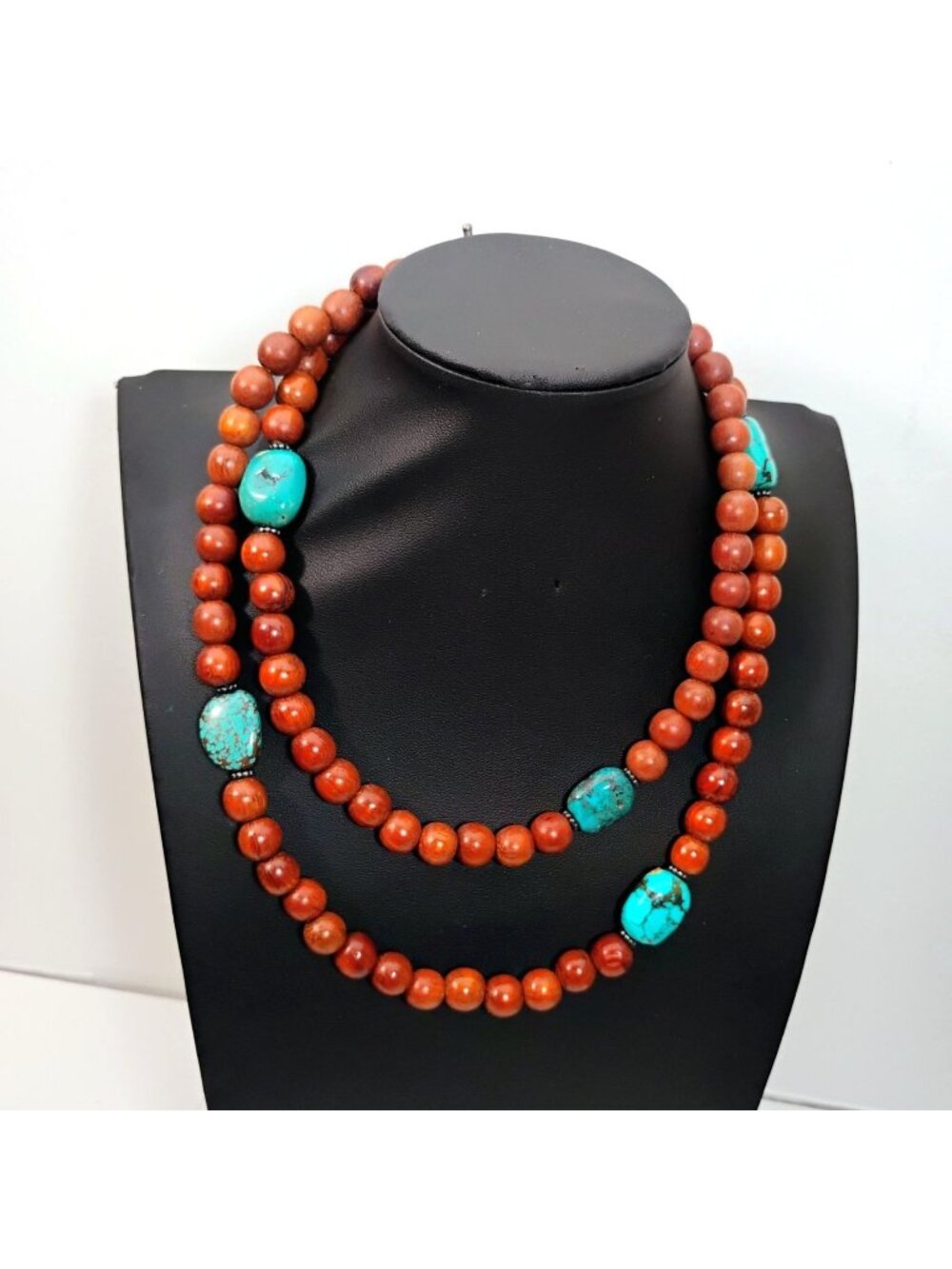Signed Peyote Bird Designs Turquoise Nugget & Wood Bead Extra Long Necklace 36"